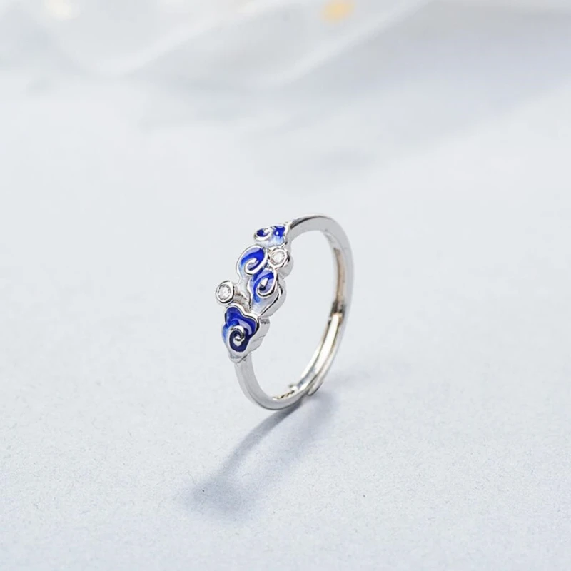 

WYEAIIR Ethnicity Mermaid Tears Blue Dripping Glaze Fresh Clouds 925 Sterling Silver Female Resizable Opening Rings
