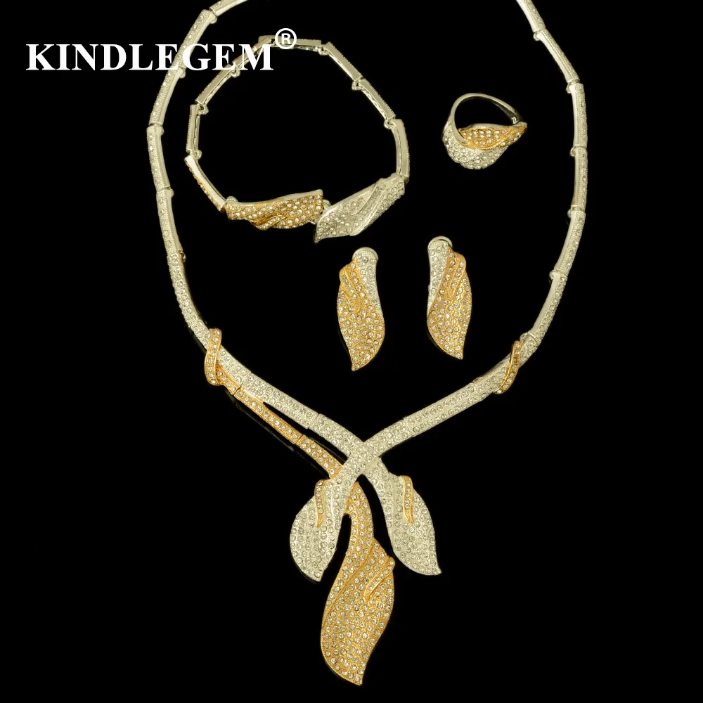 

Kindlegem Luxury Crystal Zircon Wedding Jewelry Sets African Dubai Beads Jewelry Sets Leaf Pendant Necklace Earrings Bracelet