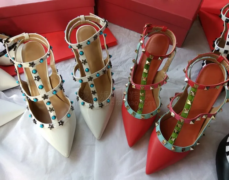 

New Colletion Genuine Leather Multicolored Rivets Studs Sexy Pointed Toe Sandals Slingbacks Dress Pmps High Heels Big Size