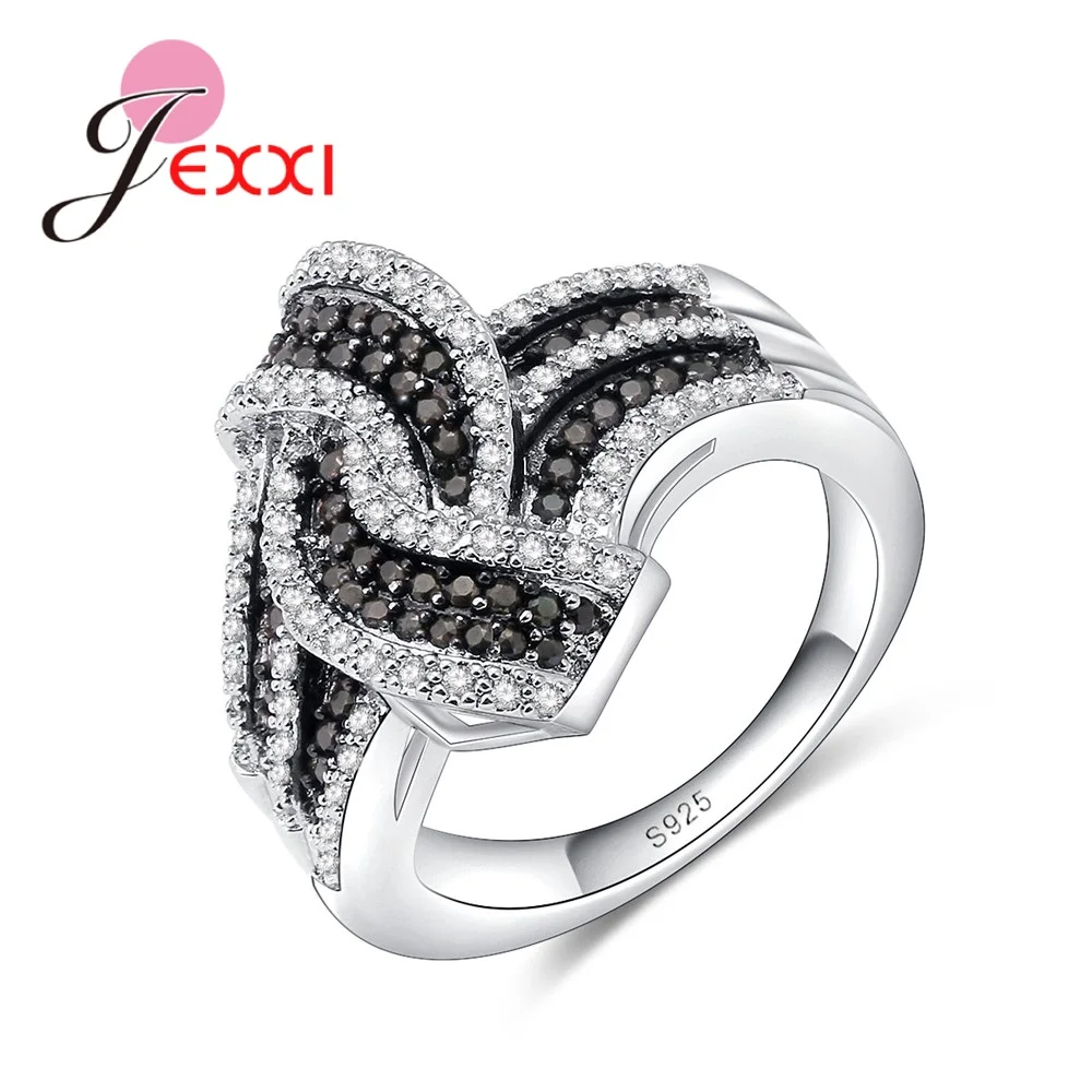 

JEXXI Christmas Gift for Women Lover Trendy Black White Crystal Cross Flower Ring High-End S90 Silver Female Anel