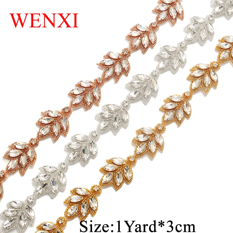 

WENXI 1YARD Handmade Sewing On Bridal pearl Crystal Rhinestone Applique Trim For Wedding Dress Sash WX870