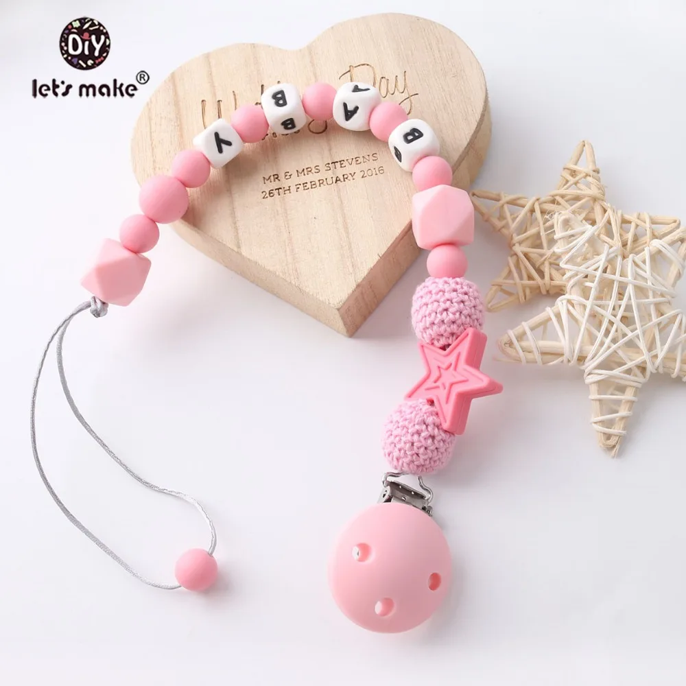 

Let's Make 1pc Baby Teether Pink Star Pacifier Chain Crochet Beads Customize Name Personalised Baby Products Teething Toys Gifts