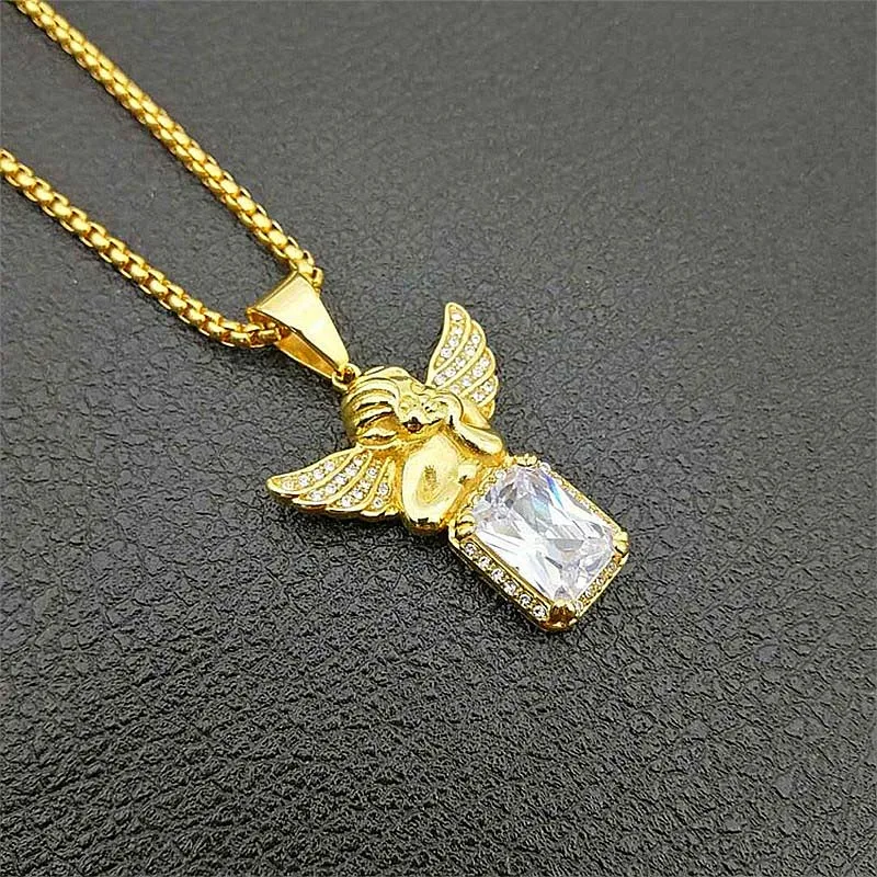 Rhinestones Angel Hip Hop Pave Rhinestone Praying Angel Pendants /& Necklaces Titanium Steel Gold Chain Men Big Crystal Jewelry Brother Lucky Gifts