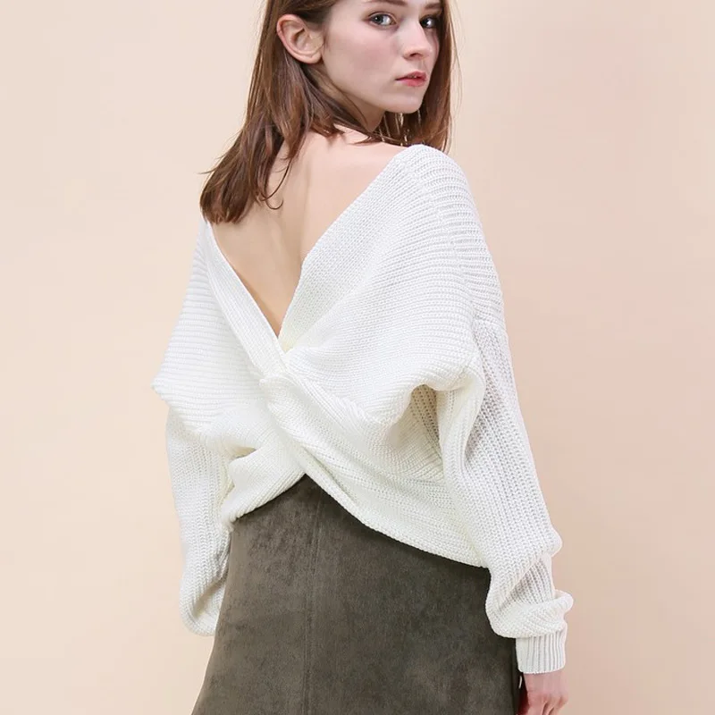 KULAZOPPER 2018 New 4 colors V Neck Twisted Back Sweater Women Jumpers Pullovers Long Sleeve Knitted Sweaters Pull Femme ZS097 | Женская