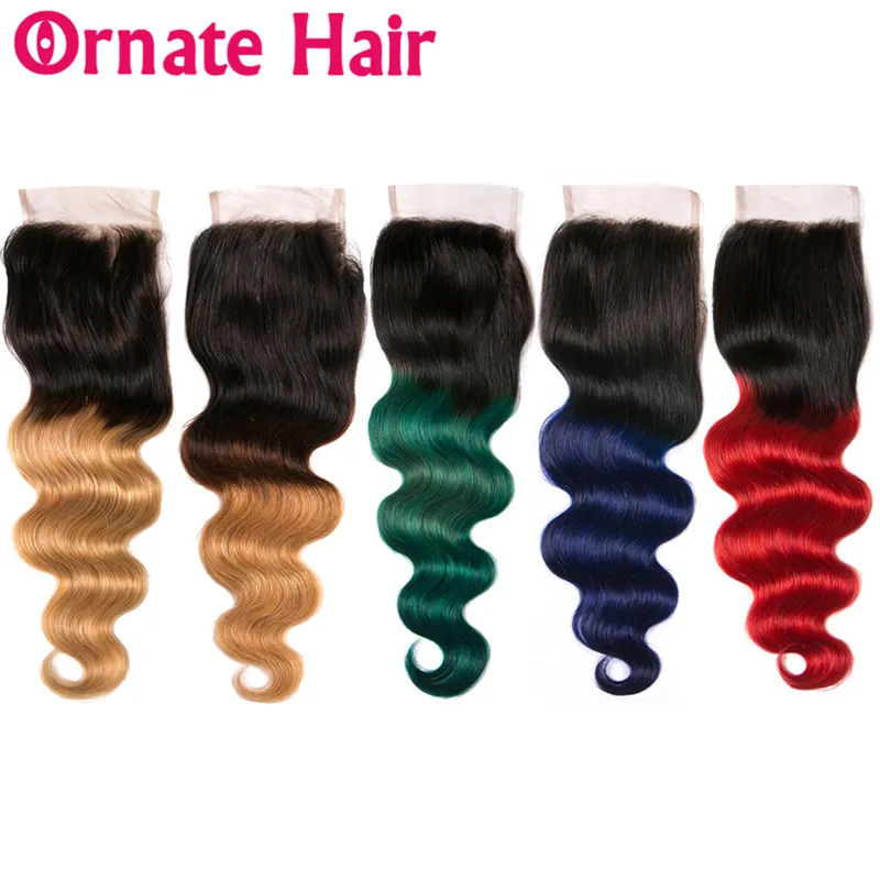 

Ombre Colored Body Wave Human Hair Lace Closure 4x4 Brazilian Remy Hair Closure Two Tone Dark Roots Blue Green Red Blonde Hair