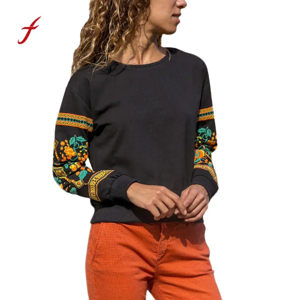 

National Style Print Sweatshirt Spring Autumn Women's Casual Slim Fit Clothing Ladies O Neck Tops Pullover Sweatshirt Women /PT