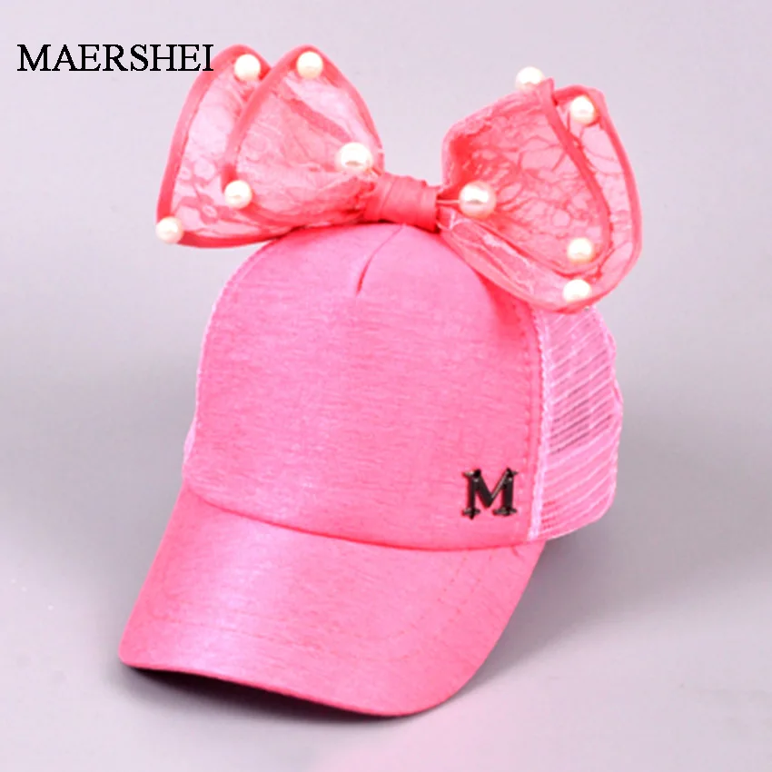 MAERSHEI Cute Girls Mesh cap Summer Children Baseball Cap Girls Rabbit Ear Pearl Big Bow Kids Sun Hat Snapback Hip Hop Caps