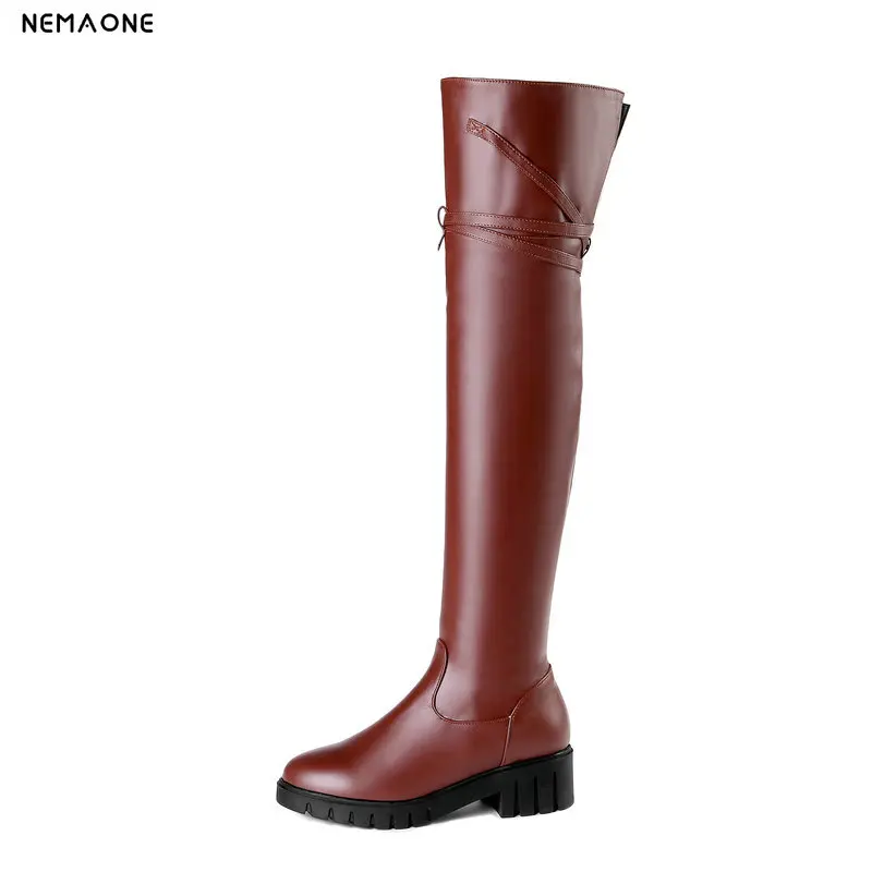 

NEMAONE New women over the knee high western boots 5cm thick high heels round toe boots winter casual shoes woman large size 43