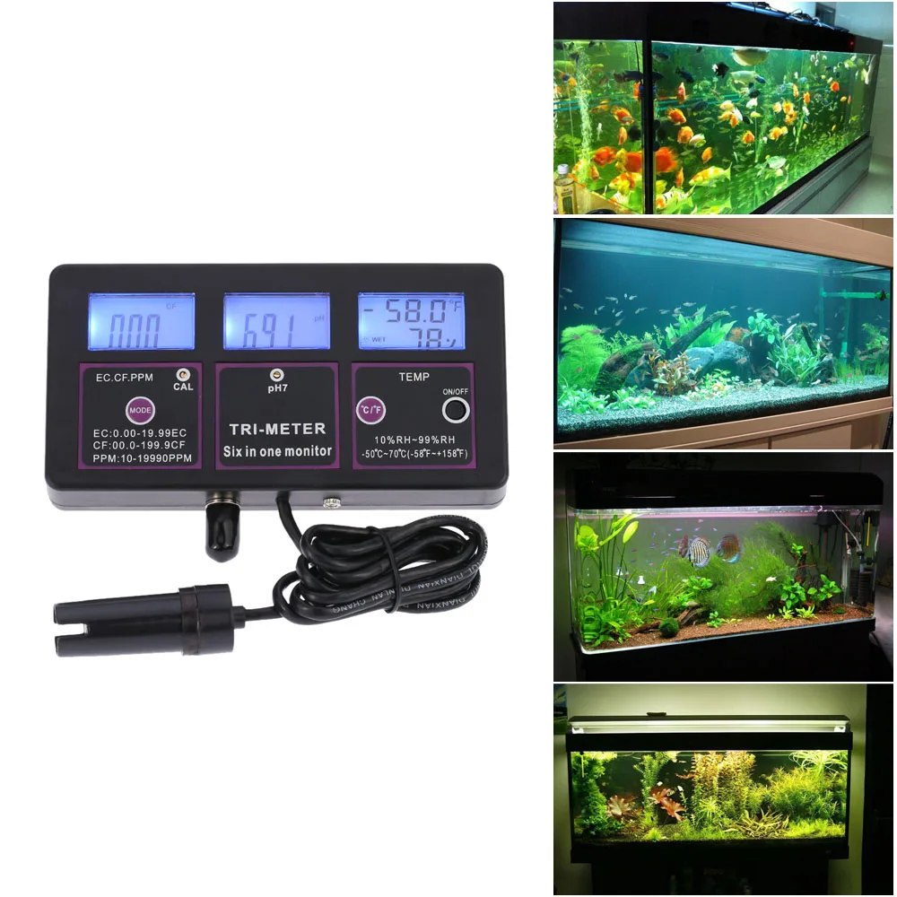 

6 in 1 Multi-parameter Water Testing Meter Digital LCD Multi-function Water Monitor pH / RH / EC / CF / TDS(PPM) / TEMP