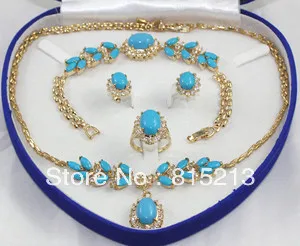 

Free Shipping ddh0376 Bridal jewelry Turquoise jade Gold-plated necklace earring ring8 bracelet