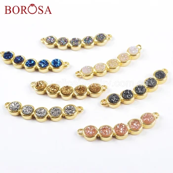

BOROSA 5PCS Mix Colors Five Round Druzy Beads Gold Bezel Connectors Double Charms for Necklace/Bracelet Jewelry for Women WX1036