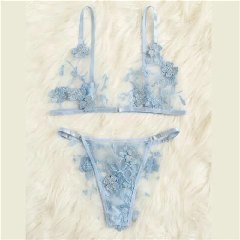 

Blue Appliques Tanga Mesh Lingerie Set Women Intimates 2019 Sexy Wireless Bralettes And Briefs Underwear Bra Set Bra Brief Sets