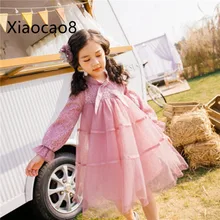 Весеннее Сетчатое платье с длинными рукавами для детей от 5 до 13 лет платья принцессы для маленьких девочек модная детская одежда милые платья для девочек, одежда