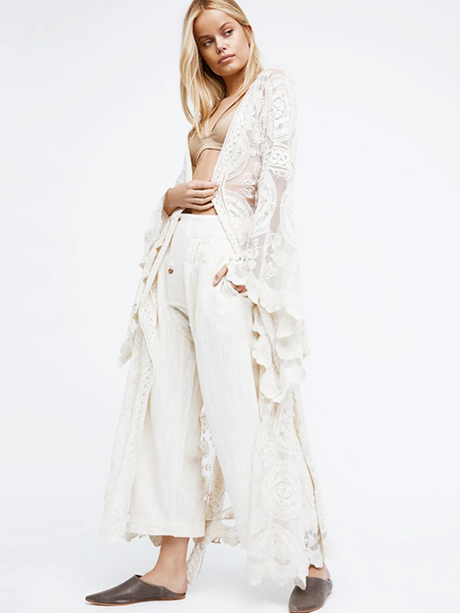 

Transparent Long Kimono Women Chic Lace Embroidered Ruffles Floral Jackct Cardigan 2019 Summer Boho Vintage Beach Loose Cover Up