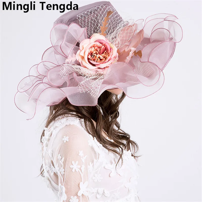 

Mingli Tengda Elegant Woman Wedding Hats Gray/Dark purple Crystal Organza Bridal Hats Large Beach Hat chapeus de noiva