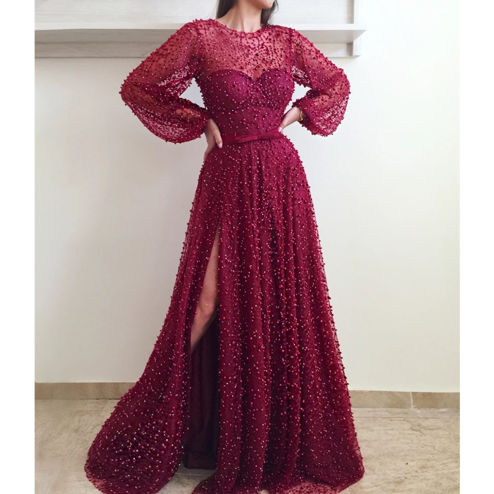 long sleeve burgundy dress formal