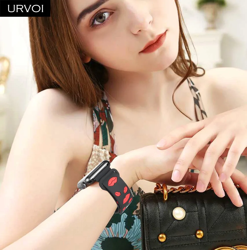 Ремешок URVOI для apple watch, серия 5, 4, 3, 21, ремешок для iwatch, мягкий силиконовый спортивный ремешок, 40, 44 мм, рисунок губ, прекрасный стиль для девочек