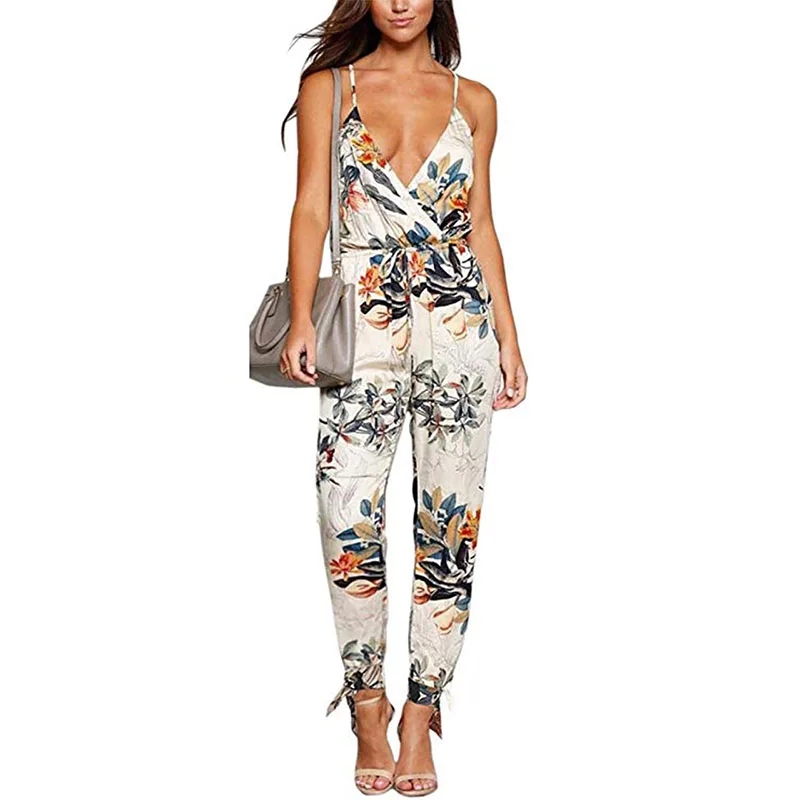 

sexy Halter Tether Deep V\\x2dneck Sling Cotton Long Piece Jumpsuit Women 2019 Spring And Summer Models Combinaison Femme