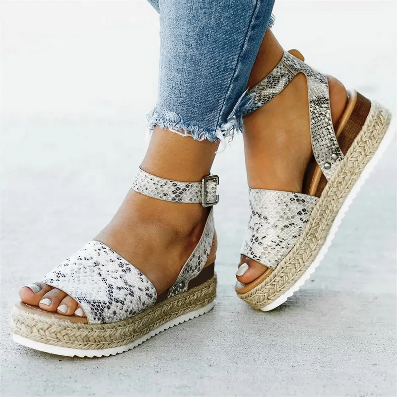 

vertvie Ladies Sandals Shoes Womens Open Toe Ankle Pumps Straw Thick Bottom Shoes Snake Grain Roman Sandals chaussures