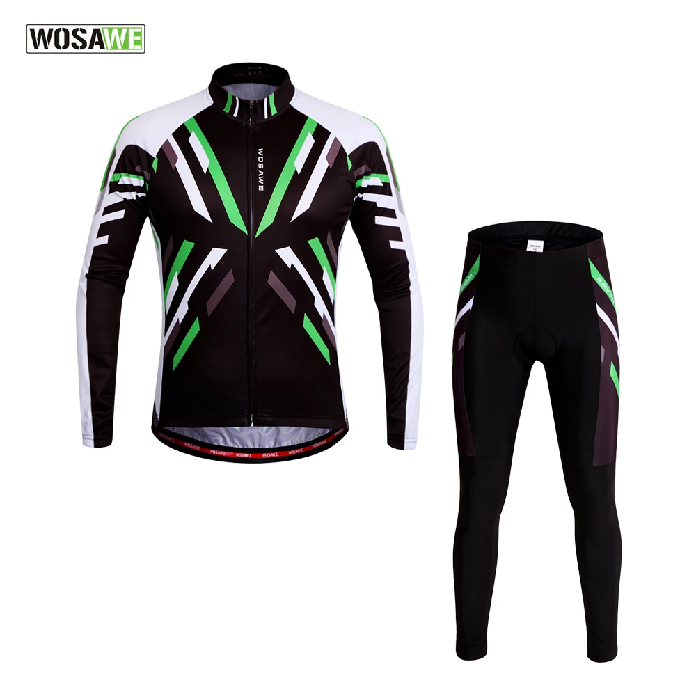 

WOSAWE  NEW Spring & Summer Men MTB Long Sleeve Cycling Jersey Set Green Black Runing Tights High Quality Gel Cycling Clothings