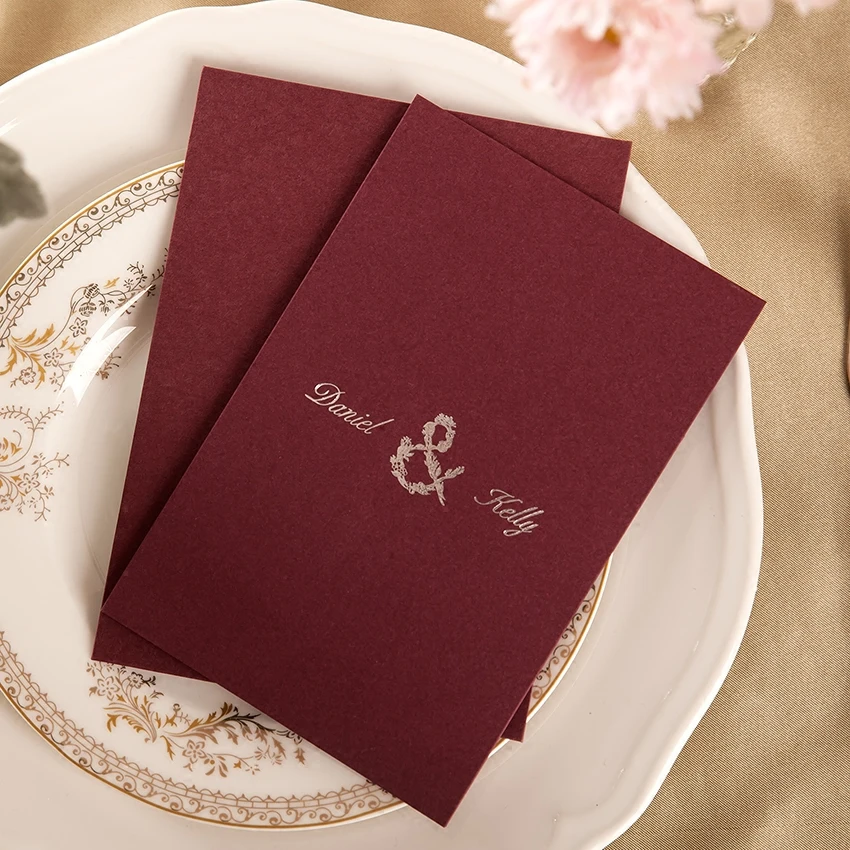 

50pcs dark red customizable wedding invitations card casamento decoration rectangle inviting cards with matched envelopes decor
