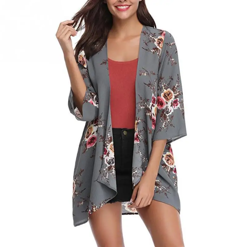 

Women 3/4 Sleeve Breathable Daily wear Summer Beach Irregular Hem Top Kimono Suncare Chiffon Cardigan Floral