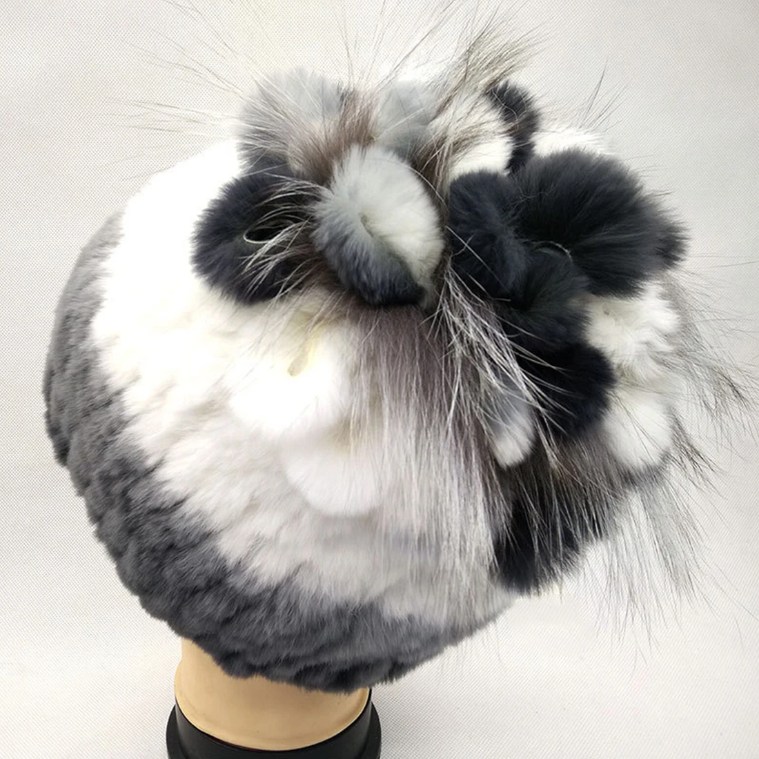 Зимние шапочки для Для женщин реального кролика рекс Шапки с меховой цветок планки натуральный мех кролика шапки