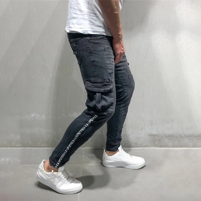 

2019 New Men Ripped holes jeans Zip skinny biker jeans black white jeans with Pleated patchwork slim fit hip hop jeans
