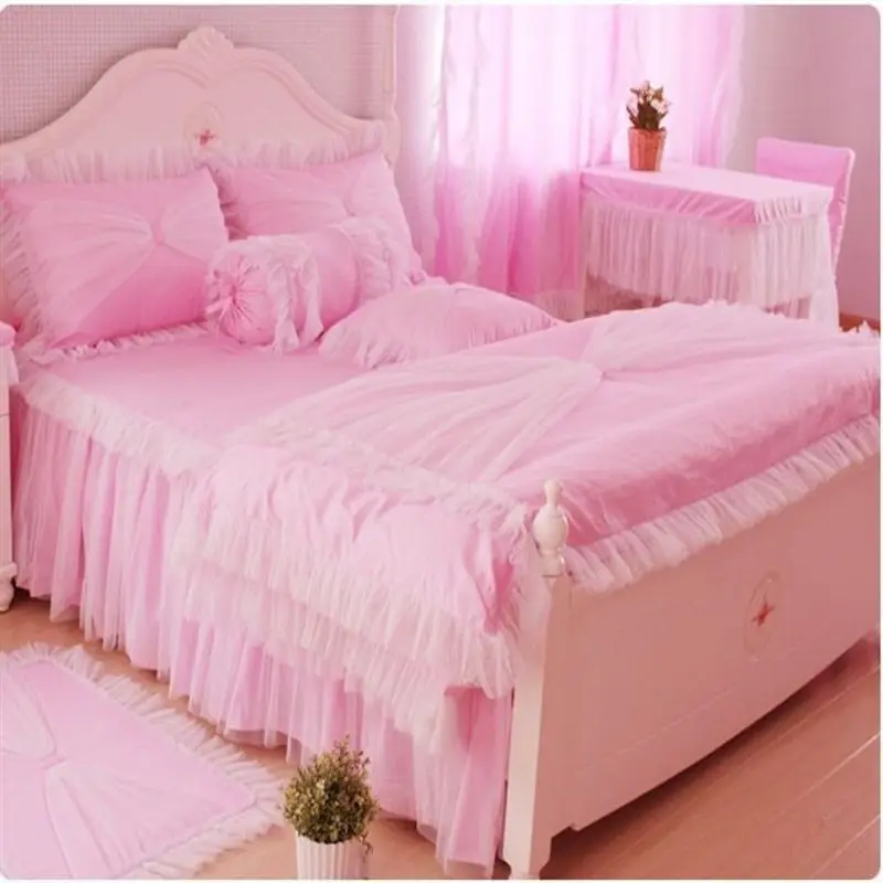 Korean style bed set Lace Ruffles bedspreads bedding sets 4pcs pink