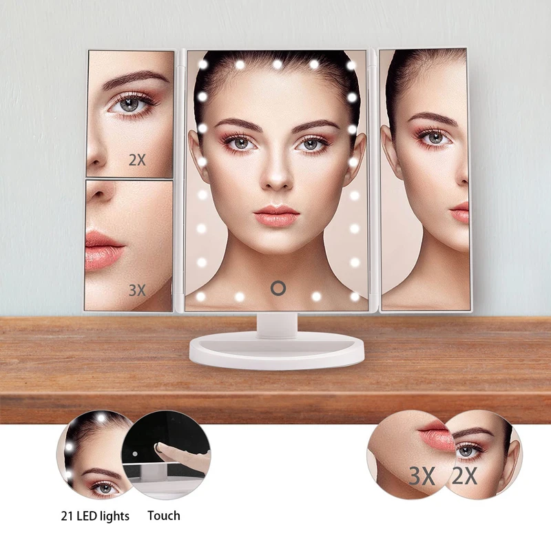 

Adjustable LED Light Makeup Mirrors Folding Touch Screen Makeup Mirror 2X/3X Magnifying Women Cosmetics Mirror Battery Powered