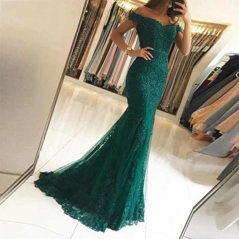 

Vestido longo Dark green evening Dresses tulle off the shoulder prom dress 2019 new year Formal party dress Vestido De Noiva