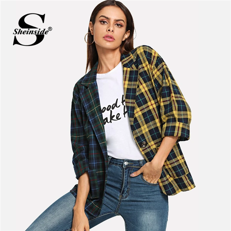 Sheinside Color Block Plaid Coat Women Blazers And Jackets