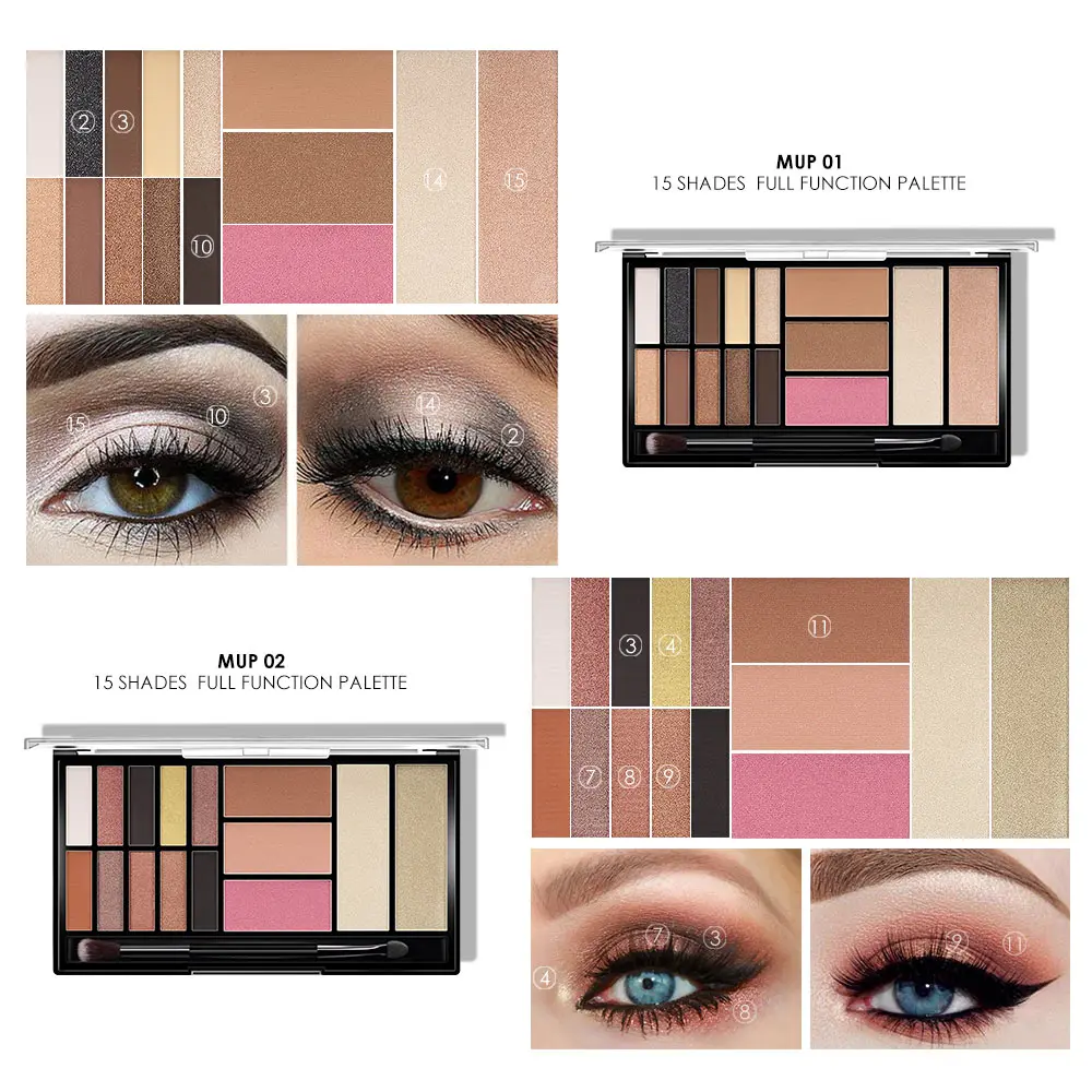 eyeshadow palette with highlighter and blush