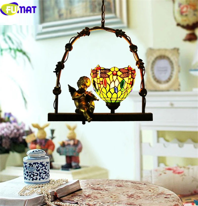 FUMAT Stained Glass Tiffany Pendant Lamp Angel Timbo Swing Butterfly Jewelry Rose Shape Lamp European LED Light
