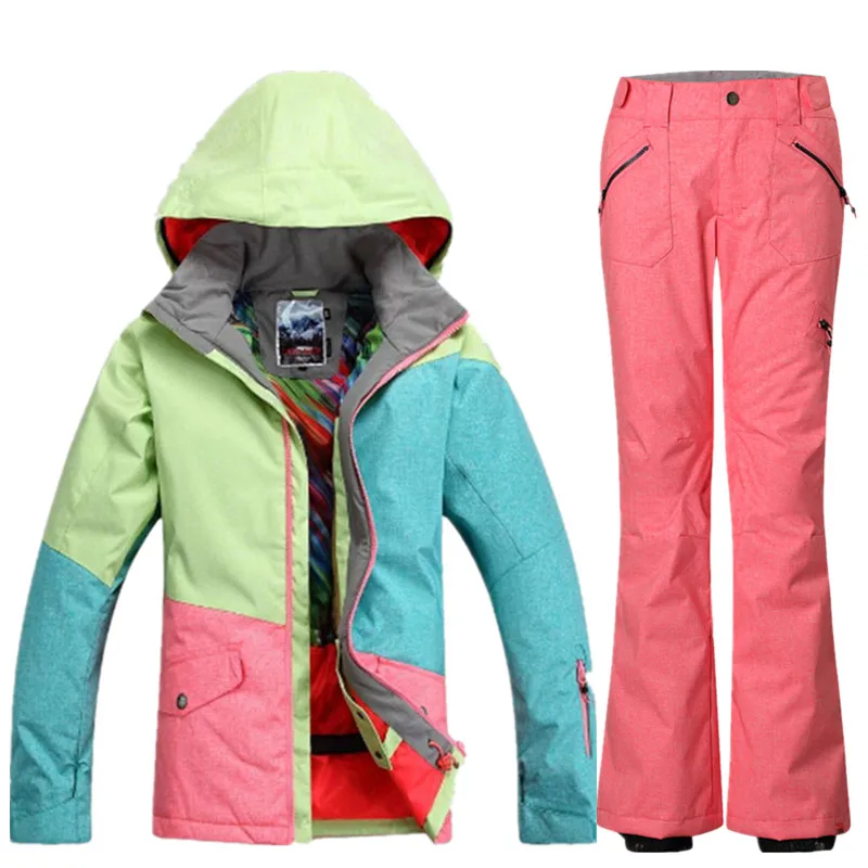 GSOU Снежный бренд, водонепроницаемый лыжный костюм, Женская лыжная куртка, брюки, Зимний горный лыжный костюм, женская уличная куртка для сноуборда, брюки, комплект