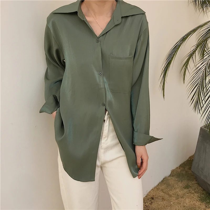 2019 casual loose women long sleeve satin shirts chic loose satin tops lady simple long sleeve satin blouses