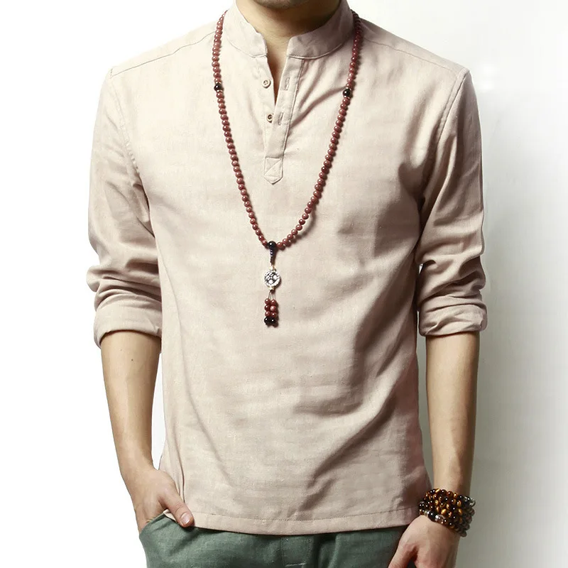 Summer Ventilated Linen Casual Men Shirt Long Sleeve Solid O Neck Collar Loose Leisure Shirts Men