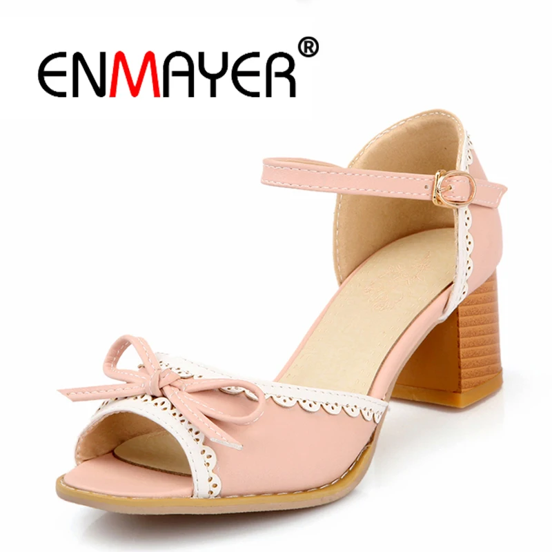 

ENMAYER Women Sandals 2018 Ladies Summer Cool Shoes Women Square Heels Sandals Fashion Butterfly-knot summer shoes new WHY34