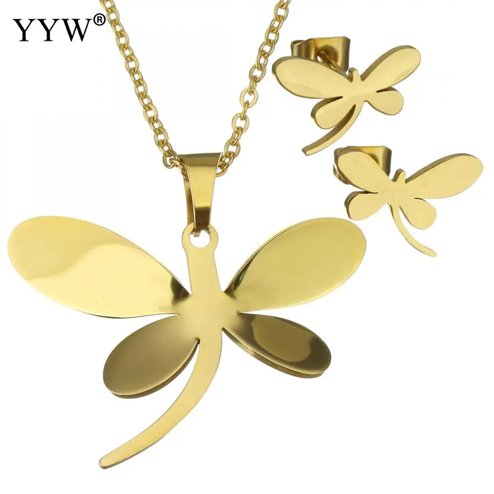 

Fashion Stainless Steel Jewelry Sets Dragonfly Pendants Necklace Earring Gold Color Oval Chain Necklace for Woman Bijoux Femme