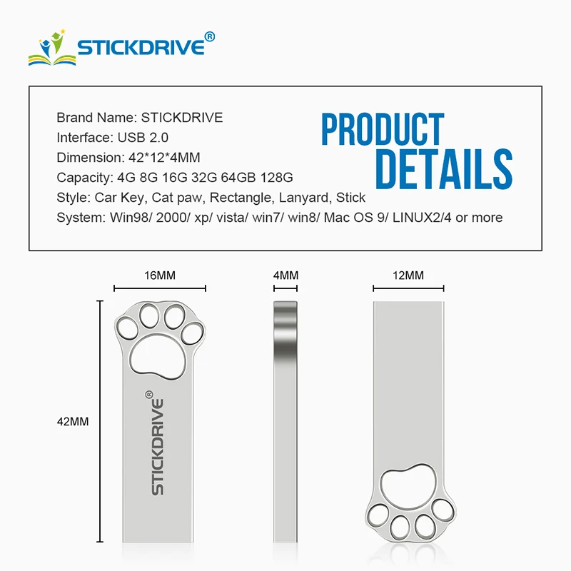 Два цвета собачья лапа USB флеш-накопитель металлический USB 2,0 флеш-накопитель 16 ГБ 32 ГБ 64 ГБ 128 ГБ USB флеш-накопитель память U диск водонепроницаемый