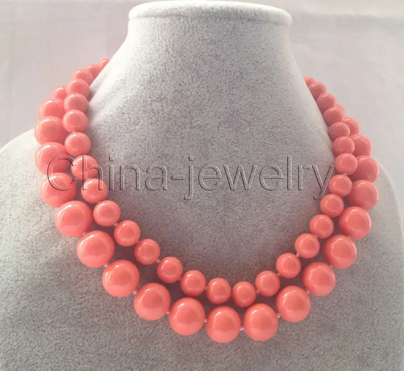 

17-18"2row 10-14mm perfect round pink coral color south sea shell pearl necklace NEW