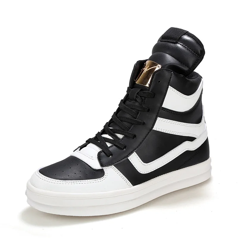 Ботинки мужские водонепроницаемые мужские кожаные ботинки из искусственной кожи Высокие осенние Белые зимние ботинки повседневная обувь на шнуровке мужской большой размер 38-45 - Color: black and white