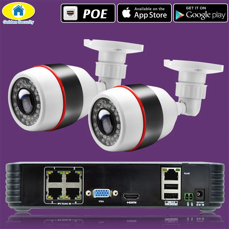 Золотая система безопасности Full HD 1080P 4CH NVR CCTV 4 шт. 2MP FHD уличная ip-камера 4CH 1080P PoE камера безопасности комплект HDMI VGA P2P