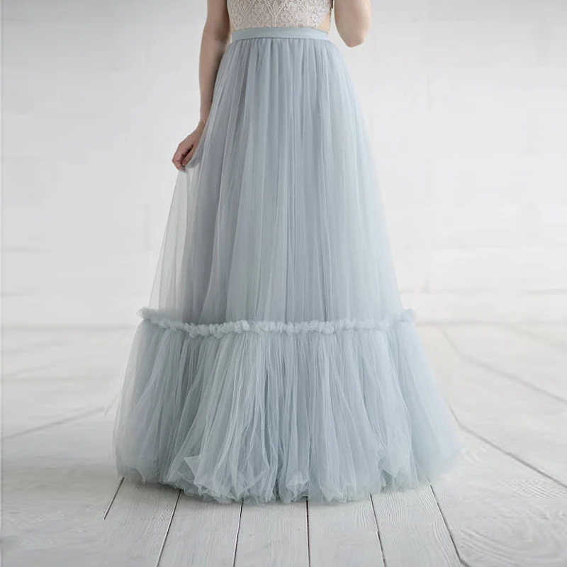 

2018 Fashion Dusty Blue Long Tulle Skirt Custom Made Rustic Bridal Wedding Skirt Fashion Spliced Mesh Floor Length