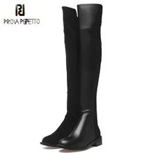 Prova Perfetto; новинка; модные женские сапоги с боковой молнией; зимние сапоги выше колена; высокие сапоги из натуральной кожи; лоскутные сапоги из коровьей замши на низком каблуке