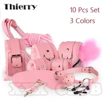 Thierry 10pcs set Sexy Bondage Product Kit Adult Games Toys Set Hand Cuffs Footcuff Whip Rope