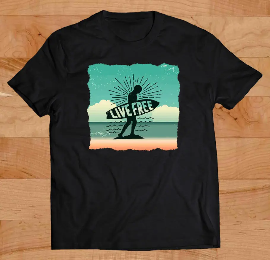

Summer Fashion Men O-Neck Cotton T Shirt Inspiring Live Is Free, Surfings Funny Shirt, Sunset Beach Black Design T Shirt Tees