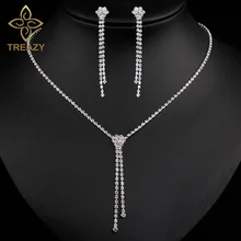 TREAZY модные хрустальные наборы свадебных ювелирных изделий серебряный цвет цветок кисточкой длинное ожерелье Комплект сережек для женщин Свадебные ювелирные изделия S