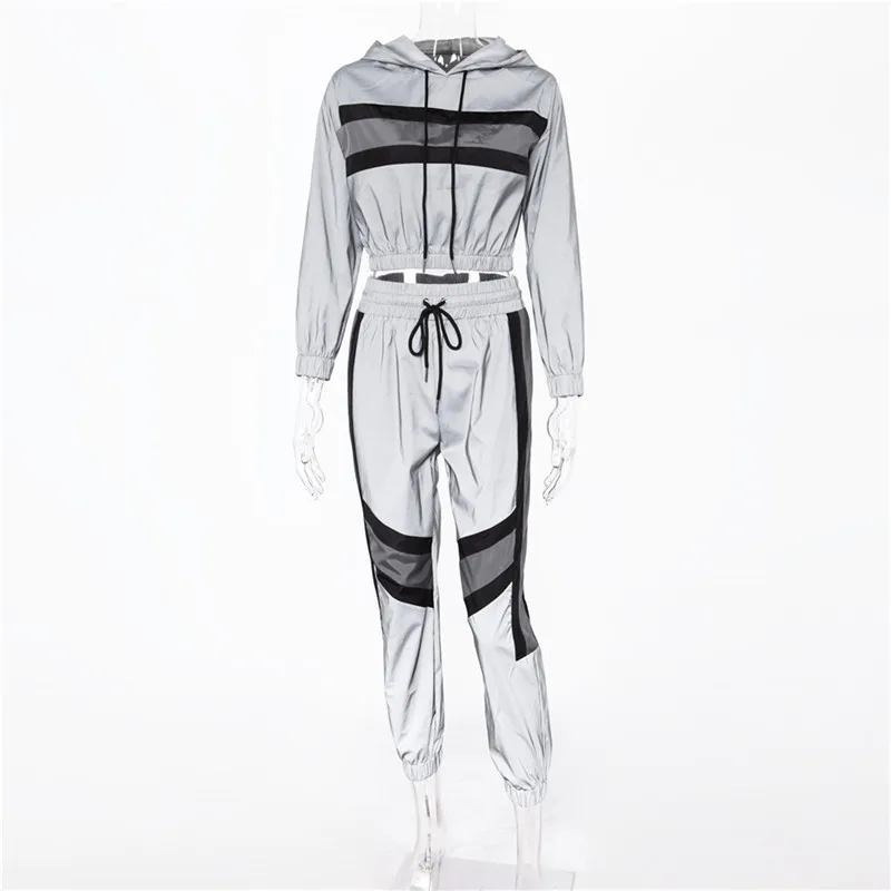 Серебристые Светоотражающие беговые комплекты из двух предметов, лоскутные укороченные толстовки с капюшоном, эластичные штаны на шнурке для бега, женские спортивные костюмы