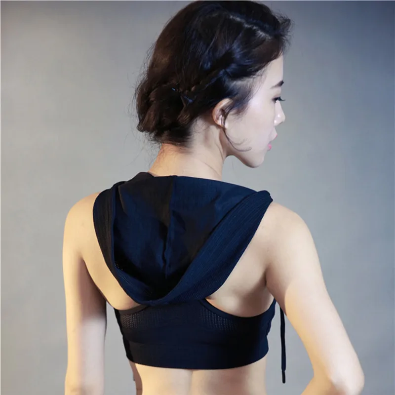 Pink Pulling Rope Shockproof Sports Bra Gym Hoodie Yoga Running Bra Tops Women Fitness Sport Tanks with Hat Sujetador Bralet